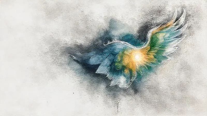 Pintura abstracta en acuarela de una forma alada con un orbe de luz, simbolizando la intuición divina en la era digital.