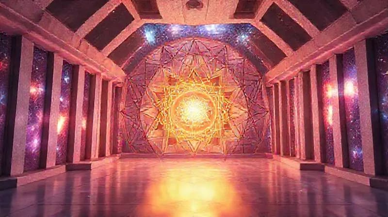 Interior de un templo virtual minimalista con un orbe brillante central.