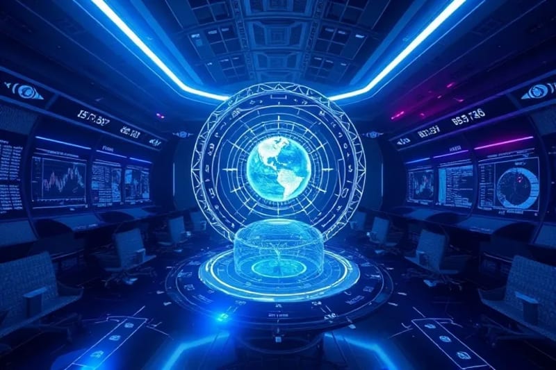 Futuristic trading floor with holographic planetary models and traders analyzing charts with astronomical symbols, ethereal lighting.