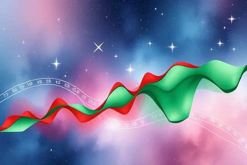 Watercolor painting of a financial graph line morphing into a celestial constellation, with soft blues, purples, and golds.