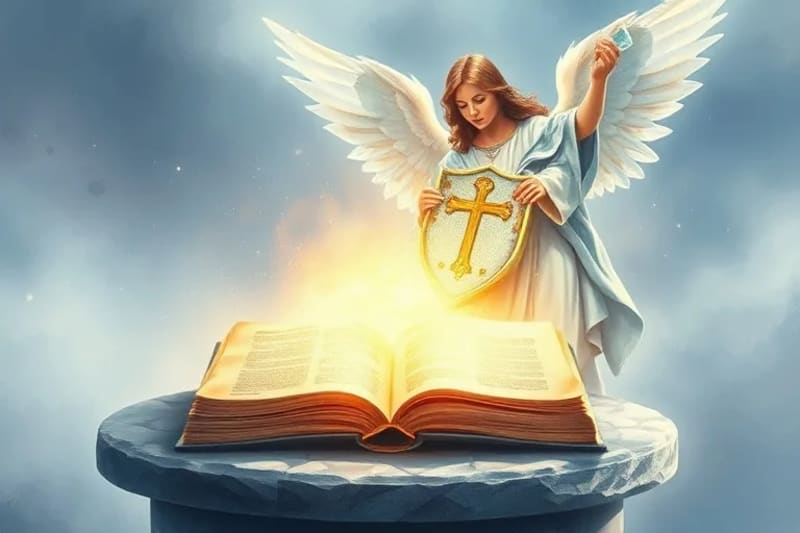 Representación de un ángel protegiendo con agua bendita
