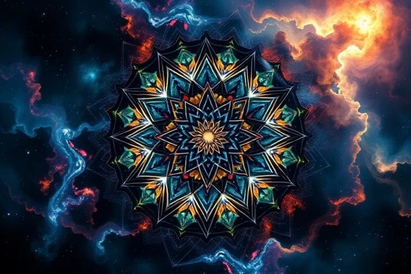 Una composición abstracta y dinámica de sombras turbulentas que se fusionan con luces vibrantes, con formas geométricas y orgánicas colisionando en armonía.