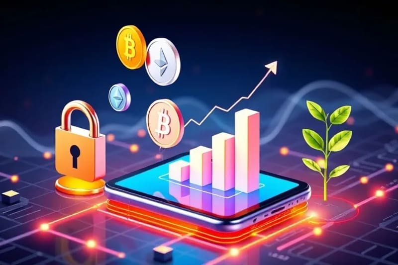 Representación de una interfaz de cartera digital en un smartphone mostrando logotipos de criptomonedas y un gráfico de crecimiento, con elementos de seguridad y planificación financiera alrededor.