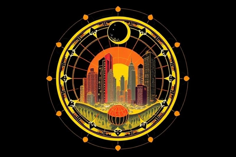 Digital painting of an intricate urban geomancy diagram, showing energy lines flowing through a city building, connecting to earth grids and lunar symbols, symbolizing harmony.