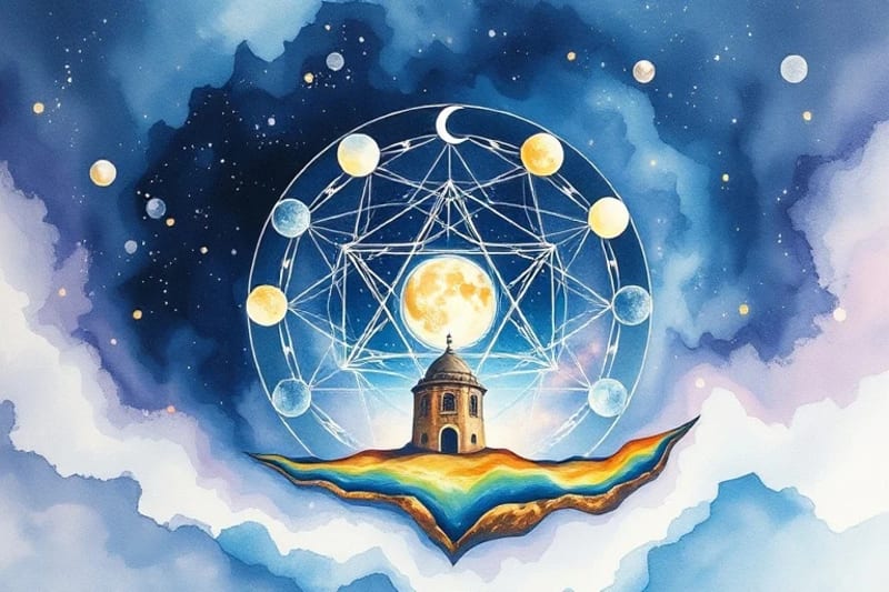 Abstract watercolor depicting cosmic energies flowing into an abstract house shape, with swirls of blues, purples, and golds, symbolizing subtle influences.