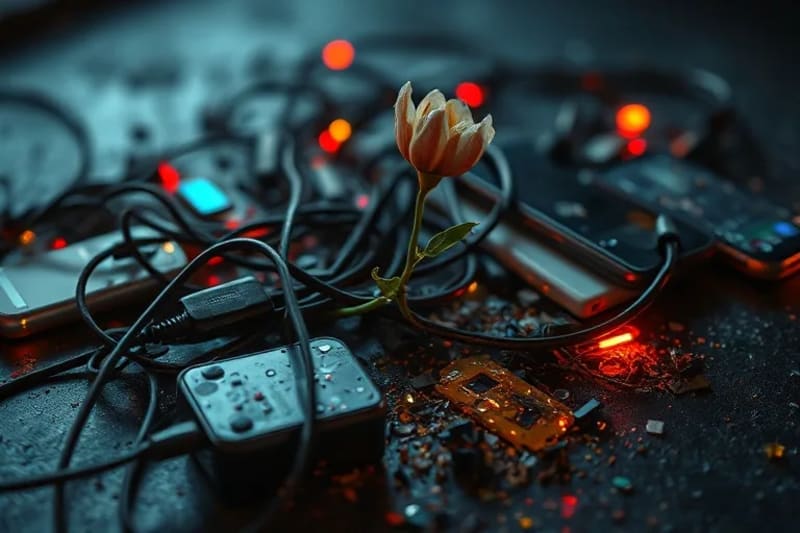 Cables enredados, smartphones rotos, flor marchita