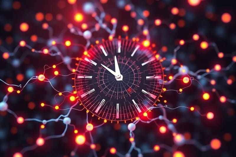 Diagrama vectorial abstracto de un reloj biológico interno con conexiones neuronales y hormonales.