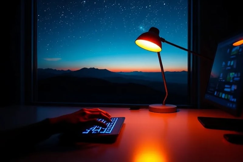Escritorio futurista con lámpara de luz ámbar y manos de persona en teclado, gestionando la luz nocturna.