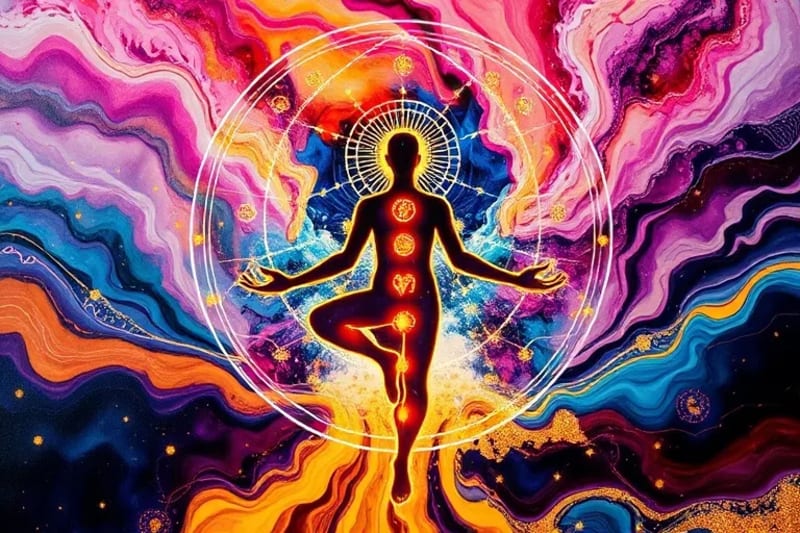 Vector art of digital healing tools, with a human silhouette, glowing chakras, and abstract digital waveforms.