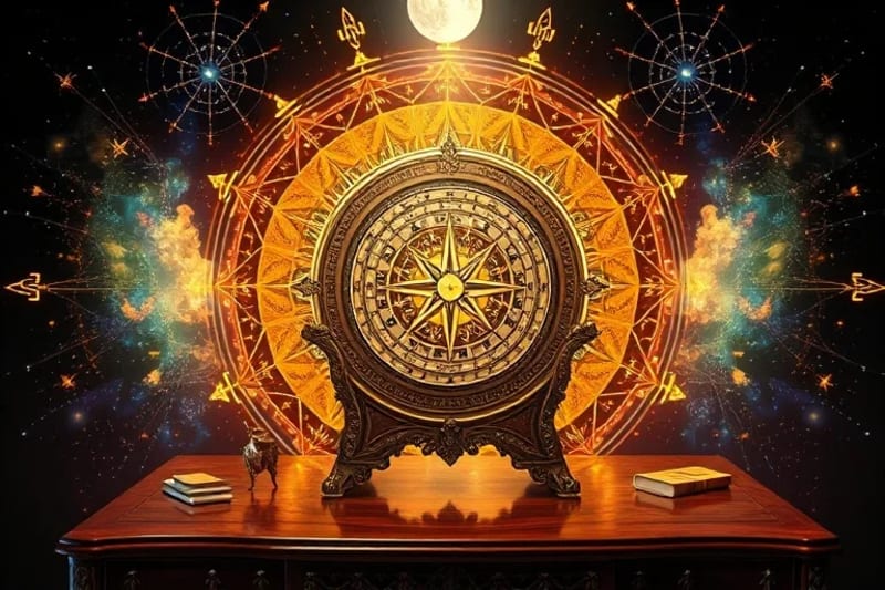 Antiguo astrolabe con proyecciones holográficas de ondas cuánticas