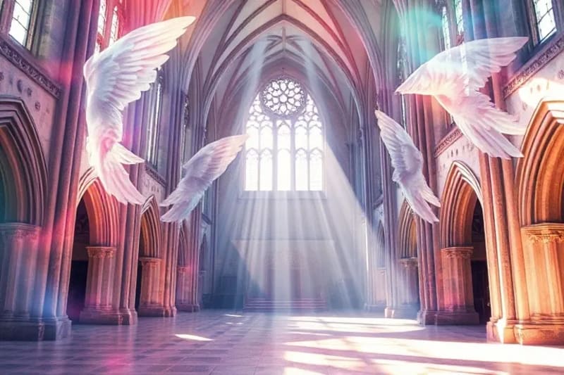 Pintura acuarela onírica con colores translúcidos que forman alas angelicales o luz divina en un lienzo digital.