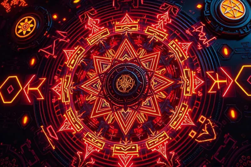 Escultura digital 3D compleja con símbolos interconectados y patrones geométricos que revelan códigos ocultos o glifos antiguos.