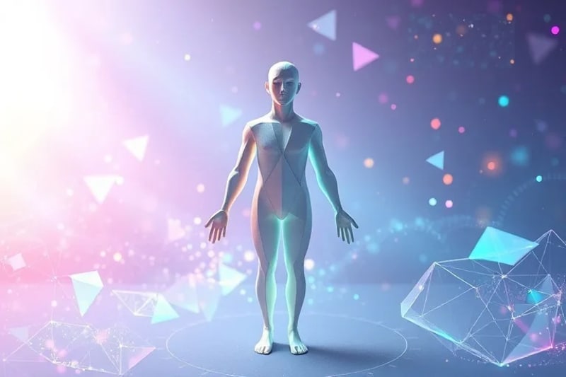 Abstract 3D render of light patterns forming a human silhouette, symbolizing soul purpose from genetic code
