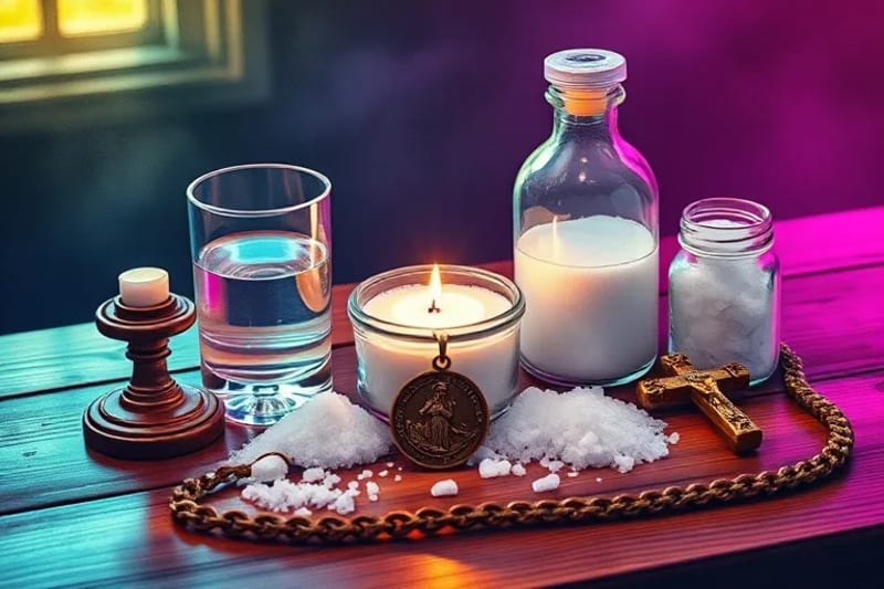 Óleo, sal, agua bendita, medalla de San Benito y rosario sobre un altar de madera.