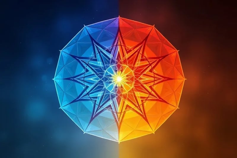 Two abstract, intertwined geometric patterns, one cool and one warm, connected by a delicate, shimmering thread of light, symbolizing a non-local bond.