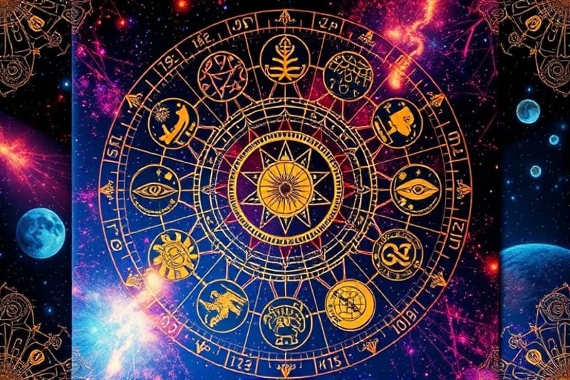 Digital painting of neural network intertwined with Mesoamerican glyphs and calendar symbols