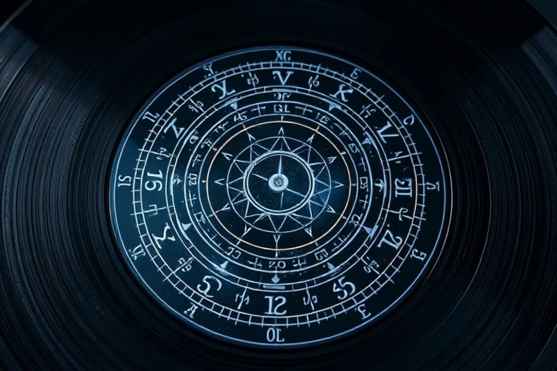 Obsidian mirror reflecting holographic astrological chart, surrounded by ancient codices and modern circuit boards