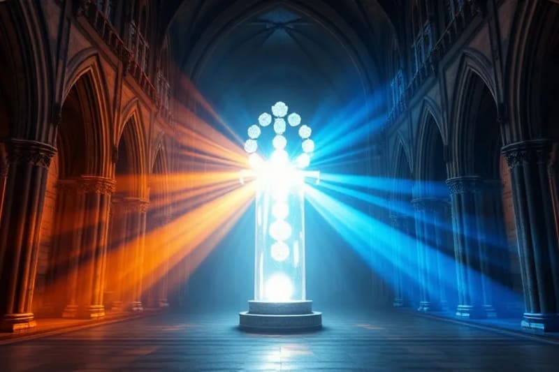 Representación conceptual de fe y ciencia como luces entrelazadas alrededor de un artefacto antiguo, simbolizando su diálogo.
