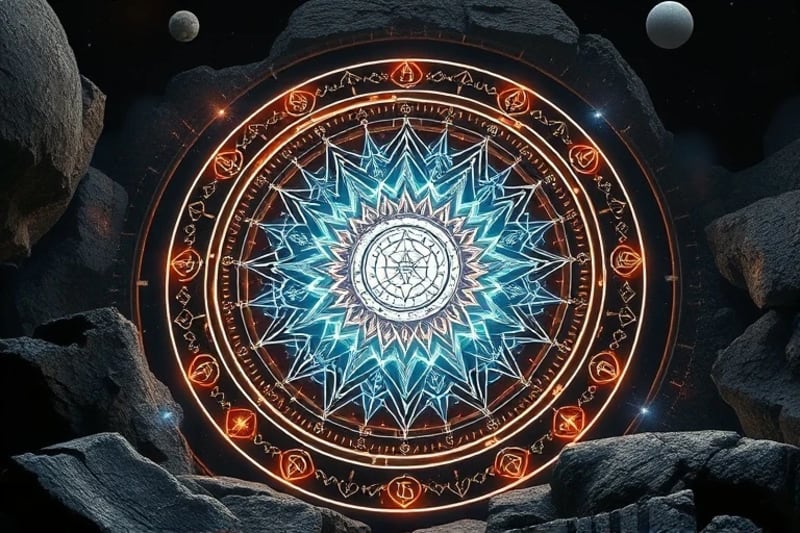 3D render of a futuristic interface displaying algorithms, intertwined with ancient stone tablets and scrolls etched with esoteric symbols, bridging ancient wisdom and advanced technology.