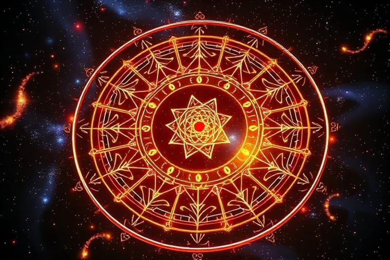Render 3D conceptual de flujos de datos biológicos y símbolos astrológicos entrelazados, con estructuras de ADN y glifos planetarios brillando en un fondo cósmico oscuro, representando la conexión entre la biología y los patrones celestes.