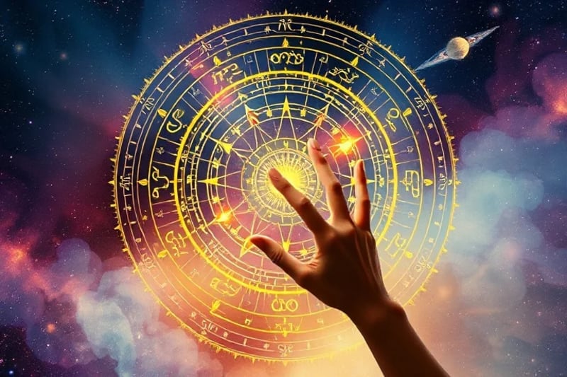An intricate astrological chart with glowing lines and zodiac symbols, representing the detailed analysis of planetary influences.