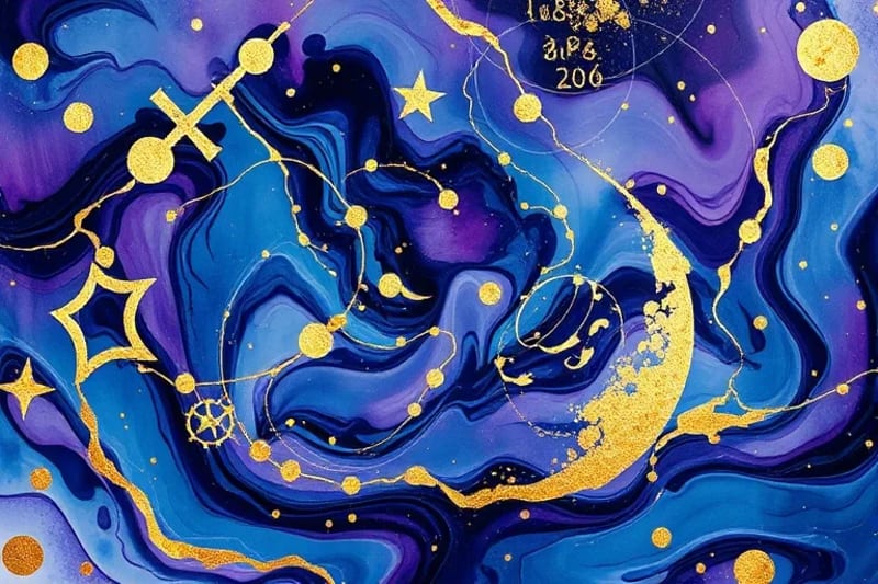 Abstract art with flowing colors and energy patterns, symbolizing the continuous influence of cosmic energies on daily life.
