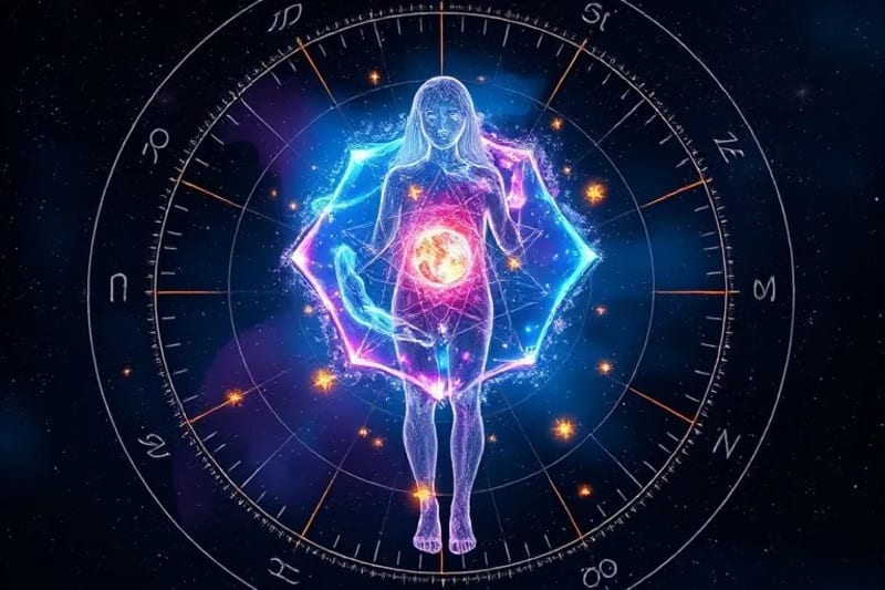 Representación abstracta del alma como una nebulosa de colores dentro de una silueta humana.