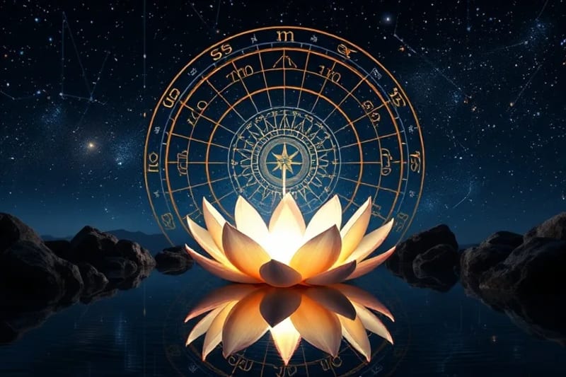 Lotus brillante flotando en un estanque bajo un cielo estrellado, simbolizando la sabiduría cósmica.