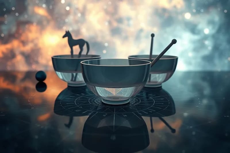 3D render of ancient alchemical symbols with crystal singing bowls and tuning forks, surrounded by light patterns.