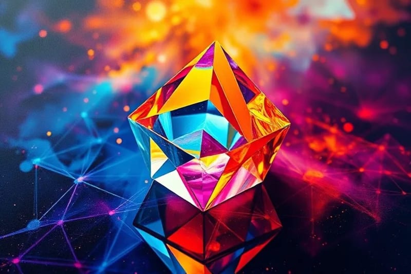 Prisma de cristal refractando luz en patrones geométricos sobre una superficie oscura.
