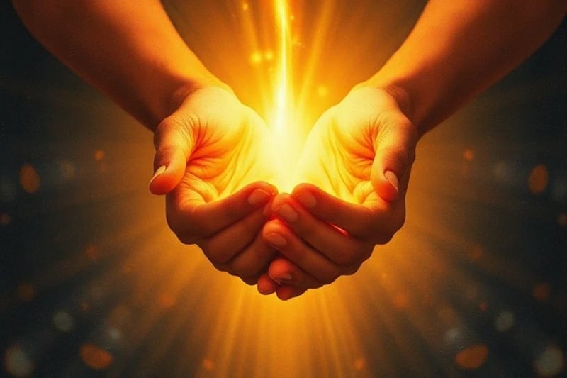 Manos etéreas que se tocan, irradiando una luz dorada que simboliza conexión divina y sanación.