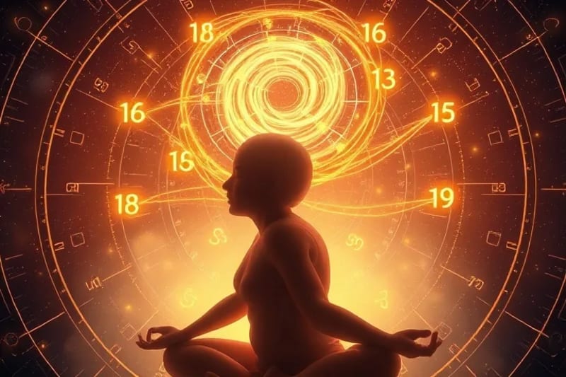 Figura meditando con números kármicos flotando alrededor de su cabeza