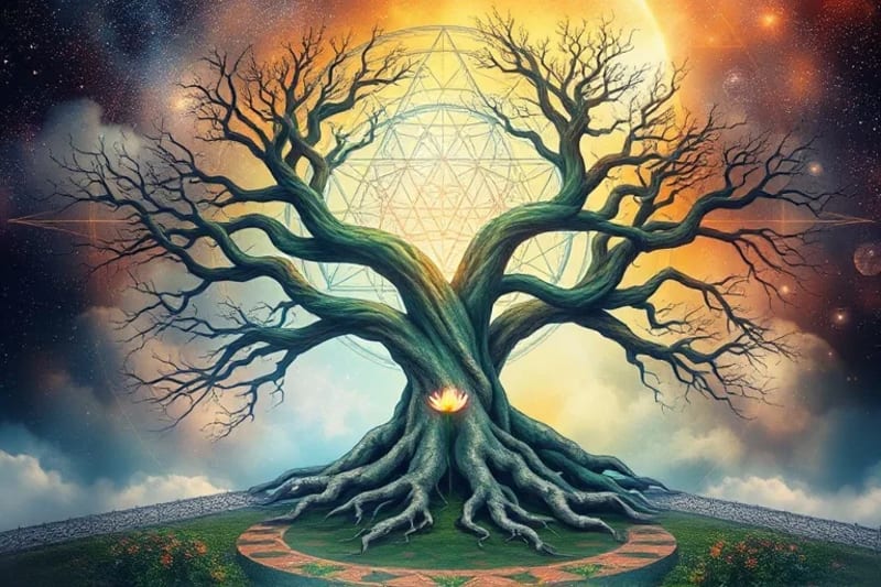 Tranquil garden with ancient trees, celestial bodies, and glowing figures tending a blossoming flower