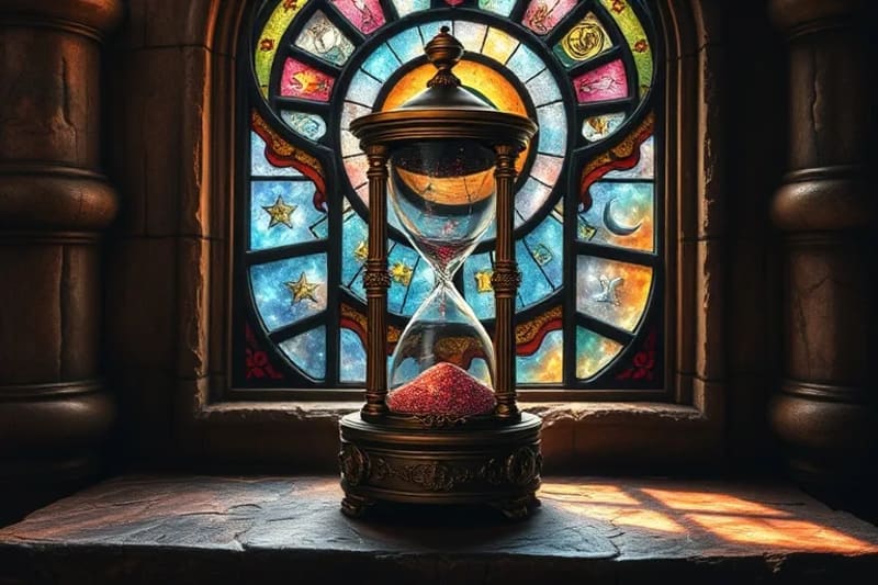 Antique hourglass with stardust, symbolizing the passage of time and the interconnectedness of past, present, and future destinies.
