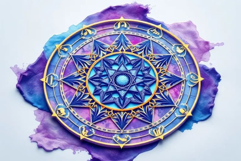 Abstract watercolor mandala with interlocking geometric patterns and vibrant colors, symbolizing interconnectedness and spiritual harmony.