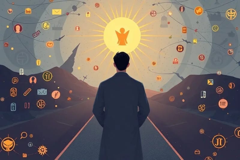 Persona discerniendo entre caminos digitales, uno claro y otro caótico