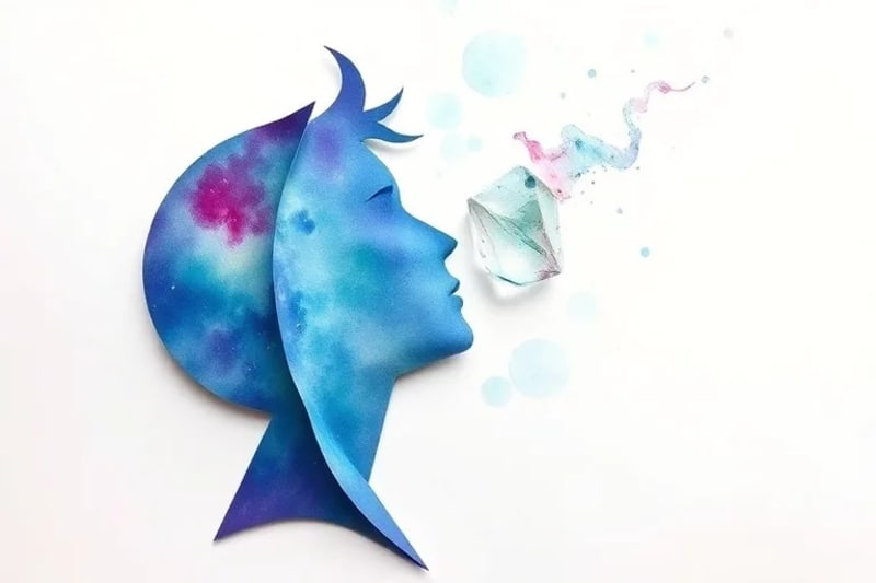 Ilustración acuarela de una figura humana abstracta meditando con un cristal de cuarzo flotando, rodeada de símbolos oníricos y energéticos.