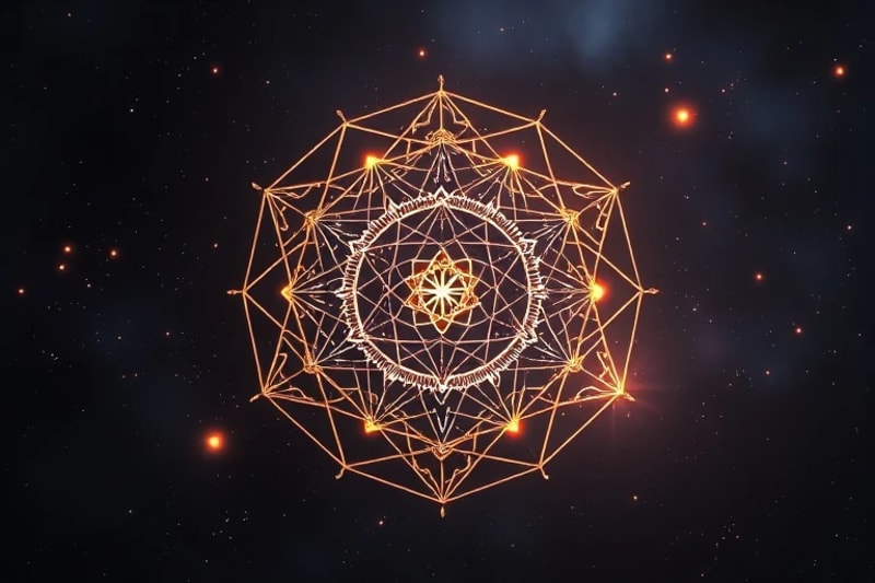 Render 3D de una estructura cristalina geométrica brillante flotando en un espacio oscuro, con símbolos abstractos de la mente y la curación.
