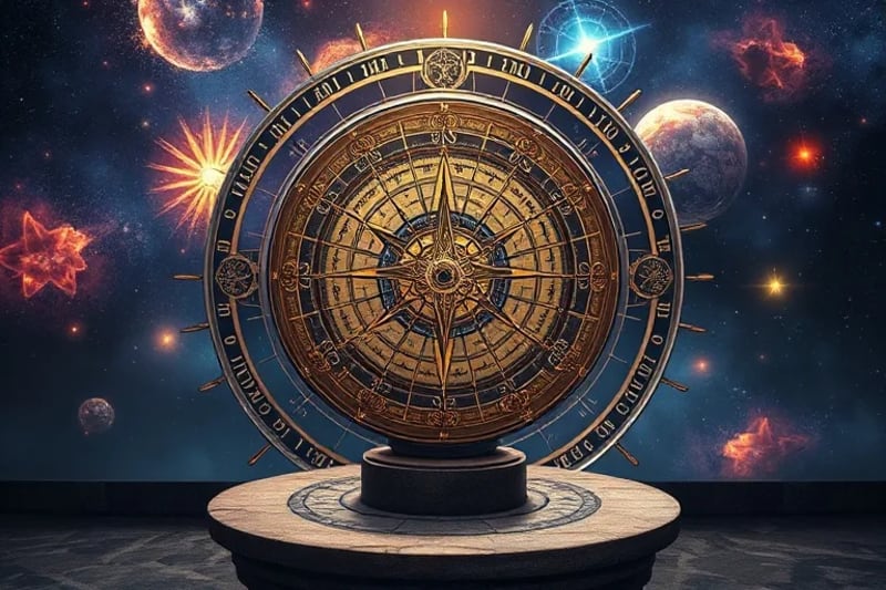Esfera armilar, pergamino con carta astral, brújula antigua, altar de piedra, líneas de energía