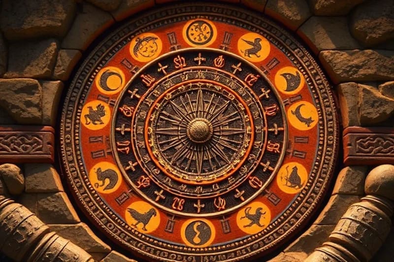 Ancient calendar with celestial symbols