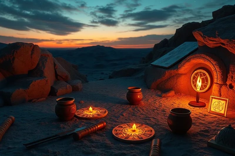 Archaeological dig site with celestial artifacts