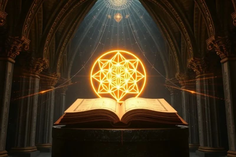 Representación 3D abstracta de la Flor de la Vida superpuesta en una estructura de bóveda gótica, con líneas de luz interconectadas.