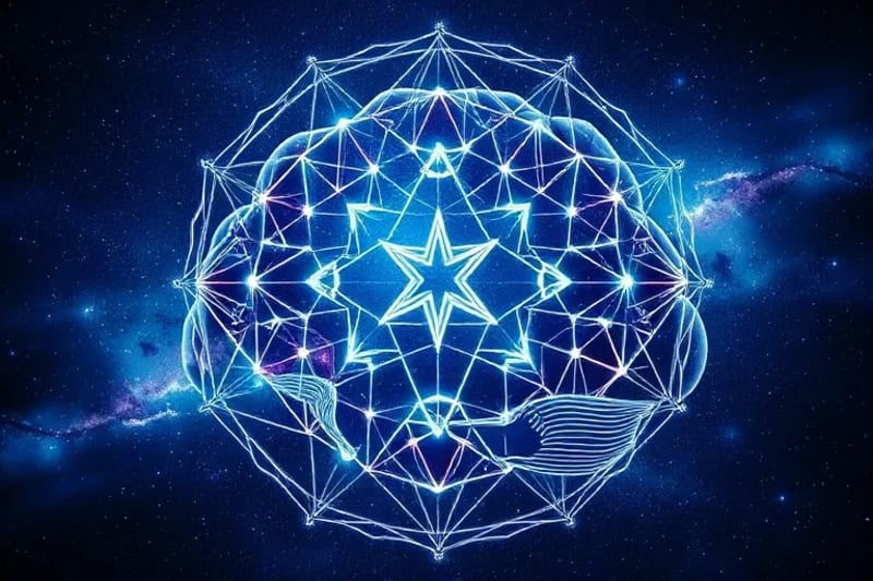 Digital painting of a human brain with glowing neural pathways connecting to abstract symbols of consciousness and energetic frequencies.