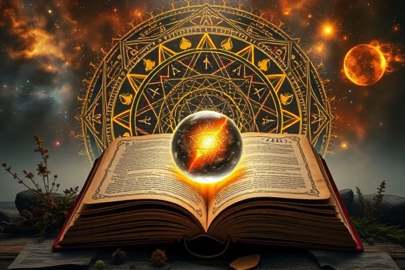 Libro antiguo de astrología abierto mostrando símbolos planetarios luminosos para el año 2025, rodeado de hierbas místicas y una esfera de cristal.