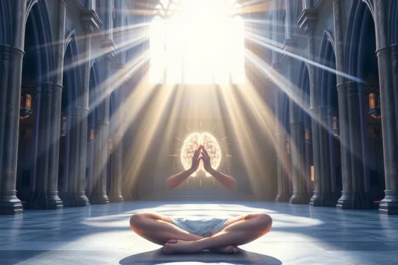 Figura meditando con ondas cerebrales y luz espiritual, sosteniendo un rosario etéreo