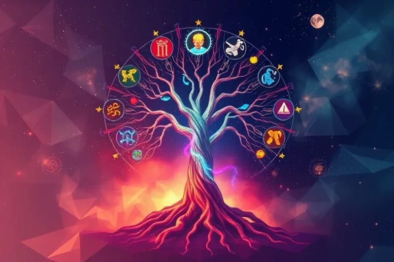 Abstract digital painting of the Tree of Life overlaid with a Tarot card, showing spiritual growth and cosmic energy