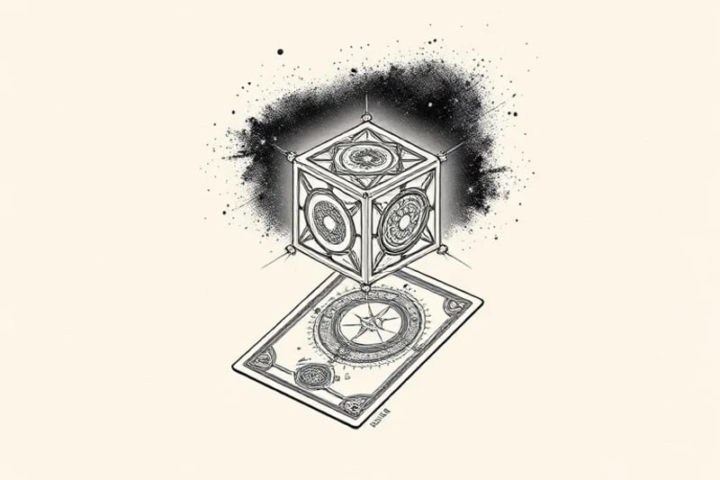 3D render of an illuminated Metatron's Cube floating above a High Priestess Tarot card, cosmic nebula background