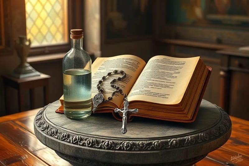 Bodegón de objetos religiosos: agua bendita, rosario, medalla de San Benito, rama de palma bendecida.