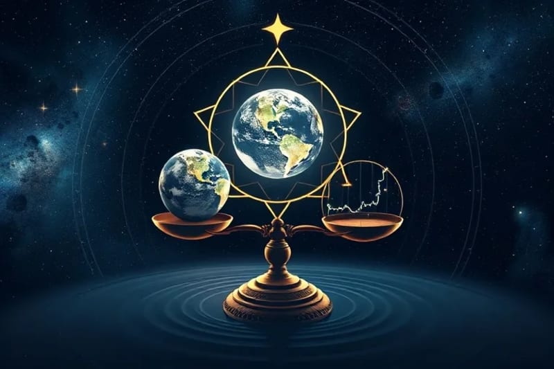 Delicate balance scale with one pan holding a stylized Earth and the other holding a constellation, surrounded by subtle ripple effects symbolizing market fluctuations.