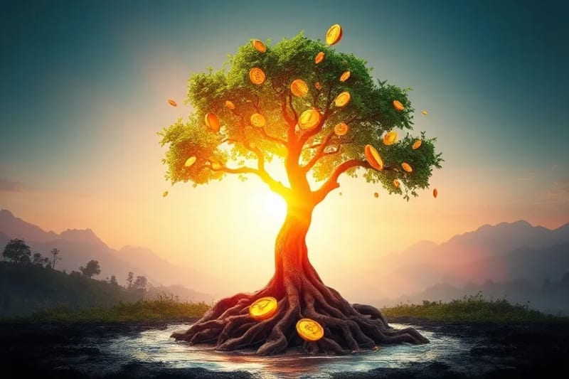 Árbol del dinero con monedas de oro y elementos de agua y madera
